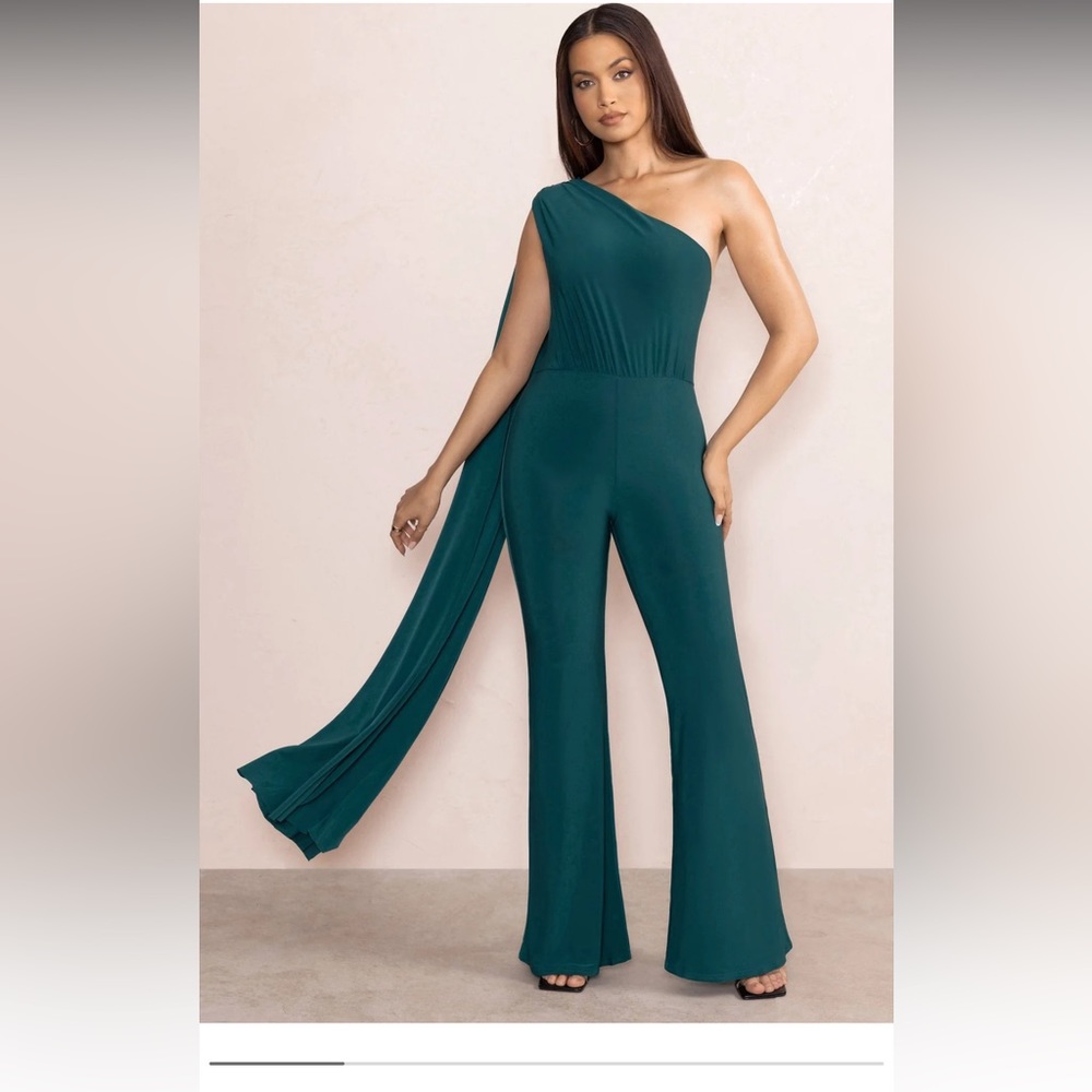 Deep Green One Shoulder Cape Sleeve Jumpsuit